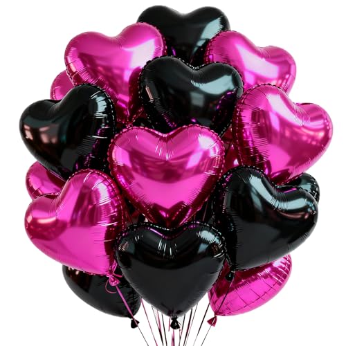 TONIFUL 30Pcs 18 Inch Black Hot Pink Balloons Black Rose Pink Heart Shape Foil Mylar Banners Decoration for Birthday Valentine's Day Wedding Bridal Shower Anniversary Engagement Party Supplies - color: Black Hot Pink