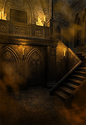 AOFOTO 5x7ft Gloomy Gothic Style Stairway Backdrop for Photography Halloween Carnival Scary Castle Night Vintage Room Stone Wall Scene Stairs Candle Background Boy Kids Portrait Photo Studio Props - color: HSH-A6, size: 5x7ft