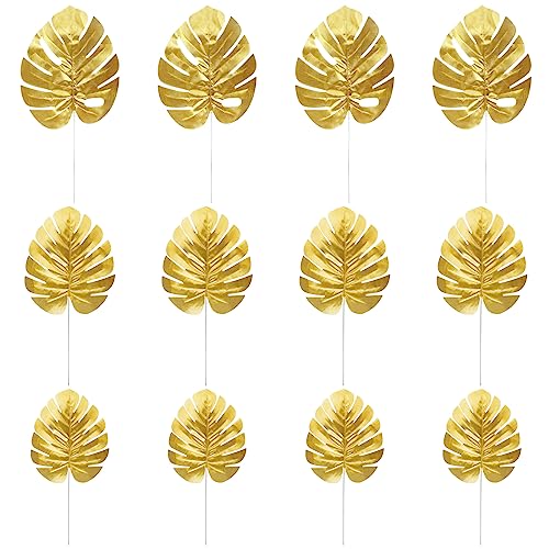 CCINEE 24PCS Golden Artificial Palm Leaves, 3 Sizes Faux Monstera Leaves Simulation Safari Leaves with Stems for Home Hawaiian Luau Party Jungle Beach Theme Party Decoration - color: 24pcs Golden 3 Sizes