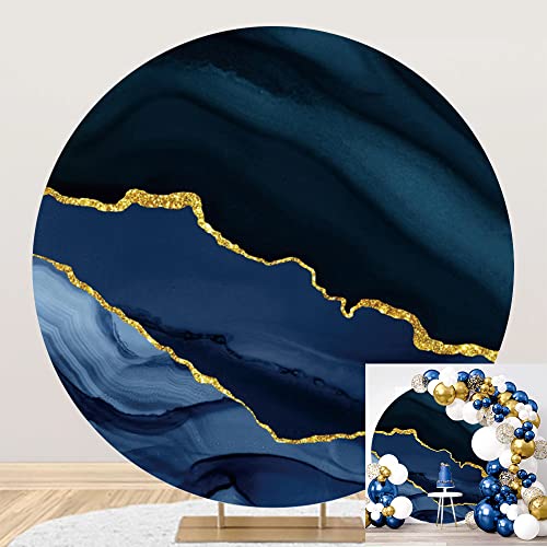6.5x6.5ft Navy Blue Marble Texture Round Backdrop Cover Polyester Blue Gold Marble Circle Photography Background Abstract Art Gold Cracks Baby Shower Birthday Wedding Engagement Decor Props - color: Navy Blue, size: 6.5x6.5ft-Diameter