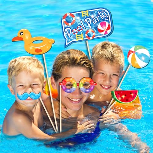 25Pcs Pool Photo Booth Props with Stick, Beach Theme Selfie Props, Summer Birthday Party Supplies, Swimming Photography Backdrop Decorations