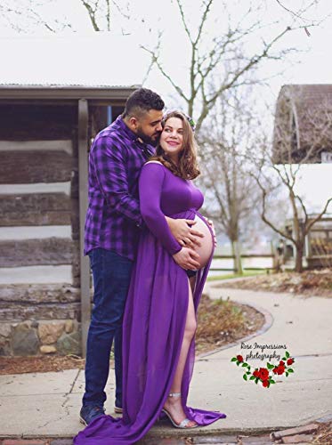 ZIUMUDY Maternity Maxi Chiffon Photography Dress Split Front Gown for Photoshoot - color: Purple