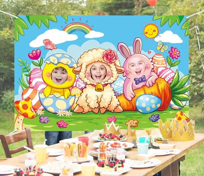 Easter Face in Hole Backdrop 5 x 3.3 ft, Baby Chick Sheep Bunny Face Cutout Photo Props, Happy Easter Party Photography Background, Spring Party Bunny Decoration Kids Photo Booth Props