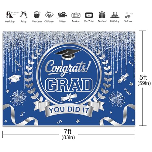 Graduation Backdrop Congrats Grad You Did It Party Decorations Background Congratulations Graduate Class of 2026 Banner Photo Booth Props (Blue and Silver, 7x5ft) - color: Blue and Silver
