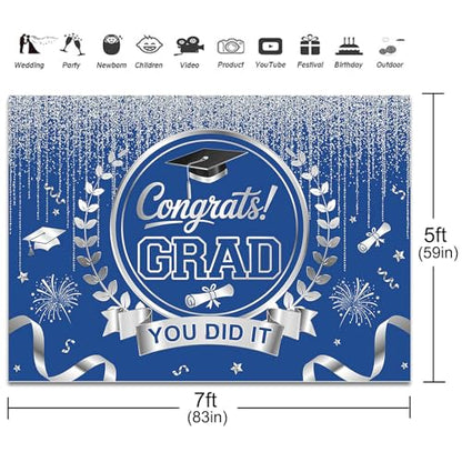 Graduation Backdrop Congrats Grad You Did It Party Decorations Background Congratulations Graduate Class of 2026 Banner Photo Booth Props (Blue and Silver, 7x5ft) - color: Blue and Silver