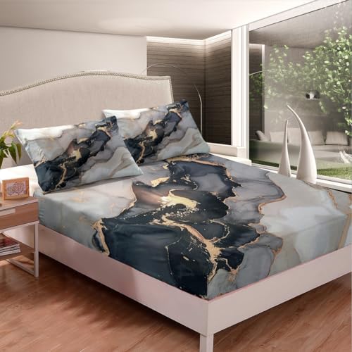 Black Marble Sheet Set - White Gray Gold Marble Bed Sheets Sets - Luxury Soft - Deep Pockets Wrinkle Free Marble Bedding - 1 Abstract Art Fitted Sheet, 1 Tie Dye Flat, 1 Pillow Case - 3 Piece,Twin - color: A-01, size: Twin