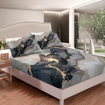 Black Marble Sheet Set - White Gray Gold Marble Bed Sheets Sets - Luxury Soft - Deep Pockets Wrinkle Free Marble Bedding - 1 Abstract Art Fitted Sheet, 1 Tie Dye Flat, 2 Pillow Cases - 4 Piece,Full - color: A-01, size: Full