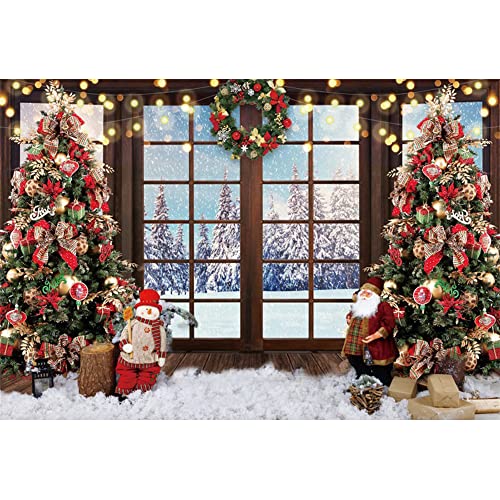 Christmas Backdrop Xmas Tree Santa Claus Window View Photo Background for Christmas and Happy New Year Eve Celebration Party Banner Photography Studio Props (5x3ft, Polyester) - size: 5x3ft-Polyester