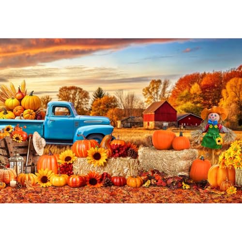 deFouliao Fall Backdrop for Photography Autumn Harvest Thanksgiving Maple Leaves Pumpkins Car Field Background Banner Thanksgiving Party Supplies Photo Booth Props, 5x3ft - color: Gold and Blue, size: 5x3ft