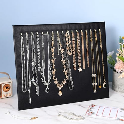 4 Pcs Black Jewelry Display Stands, Leather Necklace Organizer Boards with 17 Hooks for Selling, Shop Store Showcase, Chain Pendant Bracelet Storage