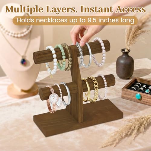 MODOWEY Bracelet Holder Organizer Display Stand, 2 Tier Wooden T Bar Bangle Rack for Dresser, Small Jewelry Hanger with Rod for Vendor Selling, Desktop Vertical Jewellery Tree for Home Business, Brown - color: Brown