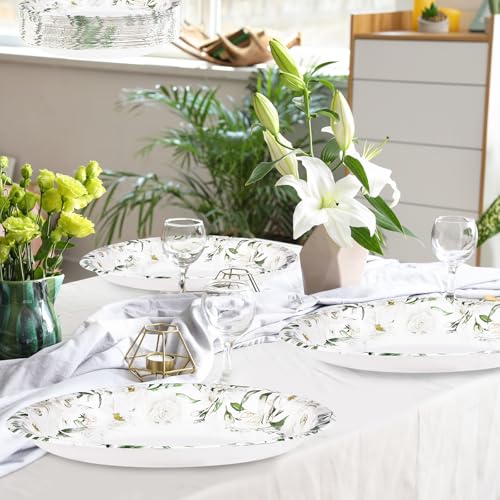 50PCS White Floral Oval Paper Plates 10"X12" Eucalyptus Flower Plates Disposable Heavy Duty Green Leaves White Flowers Tablewre Spring Blossom Flowers Dinnerware for Wedding Birthday Bridal Shower - style: 50PCS White Floral Oval Plates