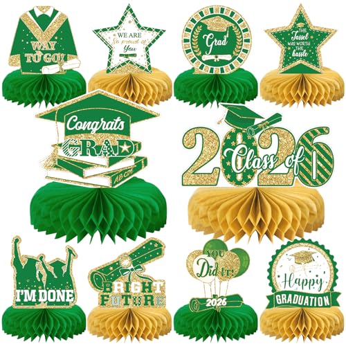 10PCS Graduation Party Decorations Class of 2026 Congrats Grad Table Centerpieces Congratulate Graduation Honeycomb Table Toppers for Graduation Party Supplies(Green Gold) - color: Green Gold