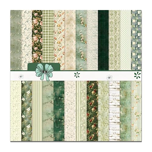 VIVIQUEN 24 Sheets Green Floral Double-Sided Scrapbook Paper, 12x12 Inch Vintage Flowers Texture Craft Paper Folded Flat for DIY Decorative Background Card Making Photo Album Junk Journal Decor