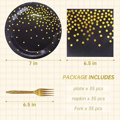Serves 35 Guests Black and Gold Plates and Napkins Party Supplies,7" Black Paper Plates and Napkins,Disposable Party Dinnerware for Birthday Wedding,Graduation - color: Black Gold Dot Paper Plate