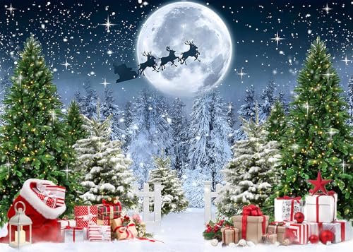 7x5 FT Christmas Scene Backdrop Xmas Tree Winter Forest Scene Wonderland North Pole Night Background Starry Sky Moon Reindeer Santa Claus Christmas Decorations Family Photo Shoot Booth Props - size: 7x5 FT