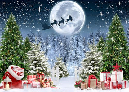 8x6 FT Christmas Scene Backdrop Xmas Tree Winter Forest Scene Wonderland North Pole Night Background Starry Sky Moon Reindeer Santa Claus Christmas Decorations Family Photo Shoot Booth Props - size: 8x6 FT