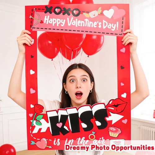 Valentine's Day Photo Booth Frame - Red Pink Kiss is in The Air Funny Paper Photo-Props Background Photography, Romantic Valentine's Day Party Supplies for Couples, Galentine's & Date Night - color: Valentine Party Photobooth Props
