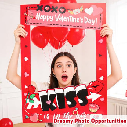 Valentine's Day Photo Booth Frame - Red Pink Kiss is in The Air Funny Paper Photo-Props Background Photography, Romantic Valentine's Day Party Supplies for Couples, Galentine's & Date Night - color: Valentine Party Photobooth Props