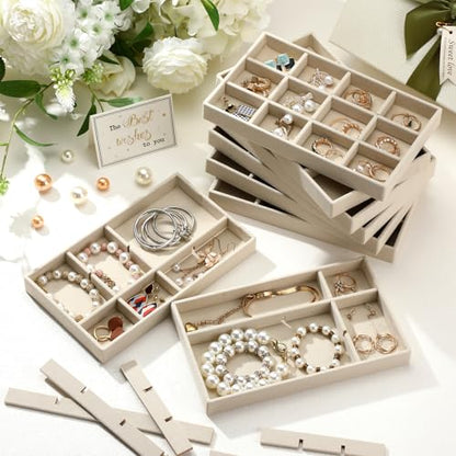 Highergo 8 Pcs Velvet Jewelry Trays Stackable Drawers Organizer Ring Earring Bracelet Necklace Storage Trays, 8.3x4.7x1''(12 Grids) - style: 12 Grids