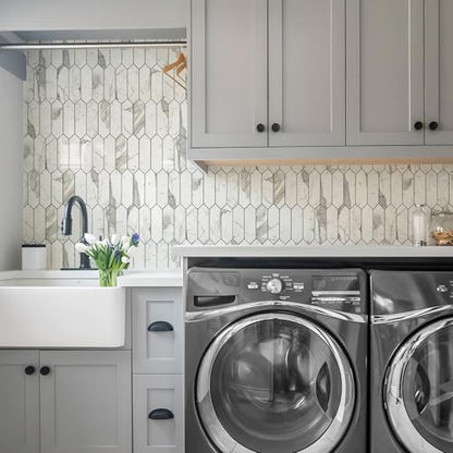 Vamos Tile Glossy Carrara White Backsplash Tile Peel and Stick, 12.8 x 12.8 Inch 10 Sheets Long Hexagon PVC Self Adhesive Mosaic Wall Tiles Stick on Backsplash for Kitchen and Bathroom - color: Glossy Carrara White