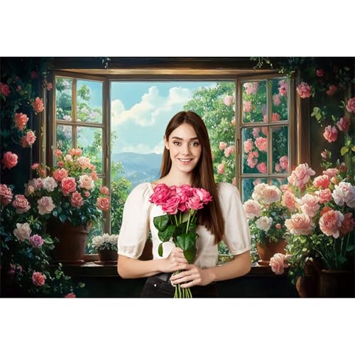 5x3ft Flowers Windowsill Photography Background Spring Floral Retro Oil Painting Photo Backdrop for Valentines Mothers Day Birthday Wedding Party Decorations Girls Women Portraits - color: green and pink, size: 5x3ft