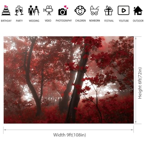 9x6ft Fall Maple Leaves Backdrop Autumn Scenery Misty Red Maple Forest Photography Background Natural Landscape Maple Trees Thanksgiving Party Kids Adults Travel Decor Banner Photo Props - size: 9x6ft