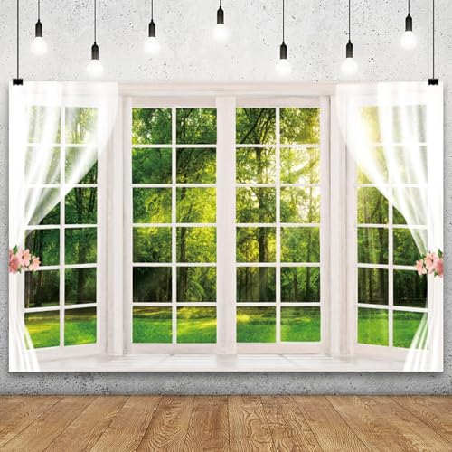 YongFoto 8x6ft Spring Window Scenery Backdrop Green Forest Jungle Trees Sunshine Nature Landscape Wedding Photography Background Girl Woman Birthday Party Kids Adults Portrait Photo Studio Props - color: Green 2, size: 8x6ft