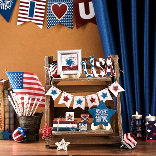 FoldTier 18 Pcs 4th of July Tiered Tray Decor Set Rustic Patriotic Independence Day Decoration Glow Vintage Farmhouse 4th of July Tiered Tray Sign Wooden Red White Blue Decor for Table(Star) - style: Star