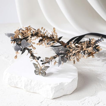 MOSTORY Handmade Fairy Butterfly Crown - Elf Flower Hadpiece Elven Headband for Women s Spring Wedding Maternity Shoot - color: Black-gold