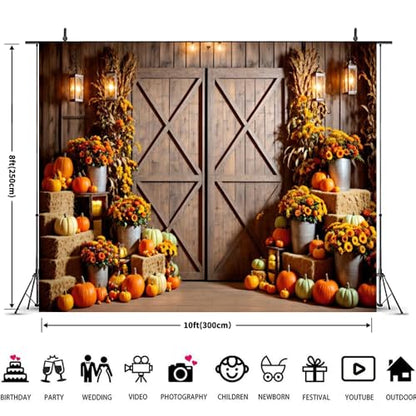 Fall Thanksgiving Backdrop 10x8ft Autumn Farm Rustic Barn Door Harvest Pumpkin Hay Photography Background Thanksgiving Party Decorations Banner Photo Studio Props