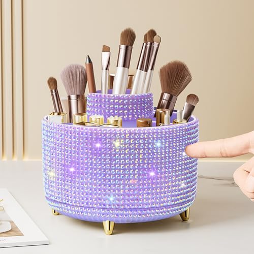 Diesisa Bling Diamond 360° Makeup Brush Holder Organizer, Rotating Makeup Brush Organizer,5 Slot Make up Brushes Cup for Cosmetics, Vanity Desktop Organizer, Gift for Women Teen Girls- Diamond Purple - color: Diamond Purple