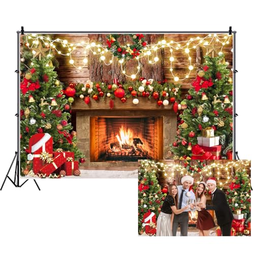 Renaiss 5x3ft Christmas Fireplace Backdrop Xmas Tree Gift Box Glitter Vintage Photography Background for Holiday Winter New Year Merry Xmas Eve Family Party Decor Photo Studio Props - color: christmas-a, size: 5x3ft