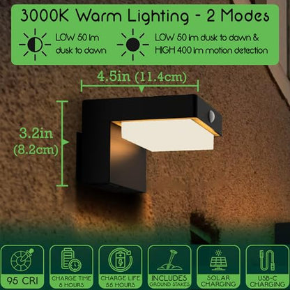 Square Solar Wall Lights - Solar Powered Wall Lamps - LED Lights - PIR Sensor & Two Lighting Modes - Rechargeable Battery Lasts Up to 55 Hours - 3000K - IP44 Weather Resistant - 2 Pack - size: 2 Pack Wall Lights