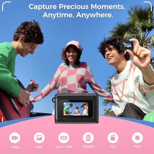 HOTU Mini Keychain Digital Camera, Y2K Pocket-Size Mini Camera, 2MP 1080P Small Camera with 32GB Card, Video Recorder with Long Battery Life for Travel, Party and Vlog (Black) - color: Black, style: Minimalist