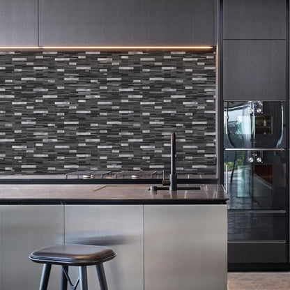 STICKGOO Peel and Stick Backsplash Tile, Stick on Backsplash for Kitchen and Bathroom, Black Grey Wood Look PVC Mixed Metal Silver Self Adhesive Wall Tiles(Sample) - color: Black Grey with Metal Silver