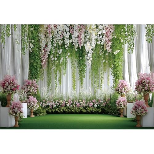 Flowers Wedding Backdrops 5x3ft Green White Pink Floral Engagement Background Bridal Shower Backdrop Proposal Wedding Party Decoration Backdrop Valentines Day Banner Supplies - color: green-1, size: 5x3ft