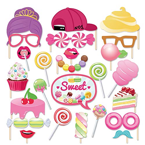 Generic Candy Photo Booth Props, 25PCS (Candy) with Sticks & Glue Dots, Paper & Wood Material, Party Photo Booth Props, Ideal for Weddings, Birthdays, Parties & Photo Sessions - color: Candy