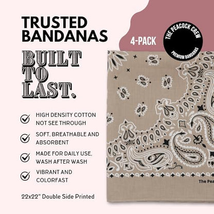 The Peacock Crew Premium Soft Cotton Bandanas Pack for Men and Women Paisley 22 x 22 inches - color: Pack of 4 Taupe