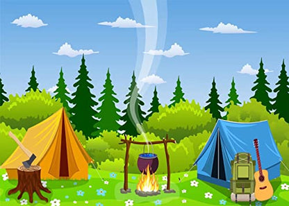 BELECO Camping Backdrop 9x6ft Fabric Cartoon Forest Scene Campfire Party Camping Tent Little Lumberjack Birthday Backdrop Jungle Safari Baby Shower Kids Boy Outdoor Adventure Portrait Photo Props - size: 9x6FT