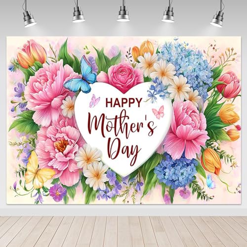 Mocsicka Mother's Day Backdrop Banner Flowers Happy Mothers Day Decorations Banner I Love Mom Mothers Party Decorations Photo Booth Props (8x6ft (96x72 inch))
