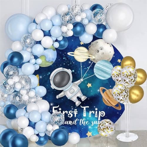 Leyiyi 6x6ft First Trip Around The Sun Round Backdrop Cover Cartoon Outer Space Planet Rocket Little Astronaut Photo Background for Boys Birthday Party Decorations Space Theme Birthday Supplies - size: 6x6ft-Diameter