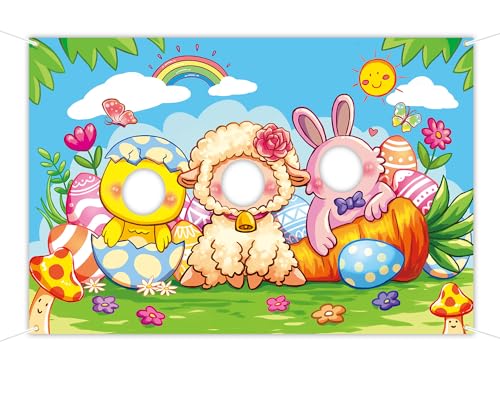 Easter Face in Hole Backdrop 5 x 3.3 ft, Baby Chick Sheep Bunny Face Cutout Photo Props, Happy Easter Party Photography Background, Spring Party Bunny Decoration Kids Photo Booth Props