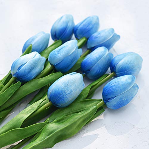 FiveSeasonStuff Real Touch Tulips Artificial Flowers – 15 Stems Faux Tulip Bouquet in Gift Box for Wedding, Home Decor, Party, Floral Arrangements (Maya Blue) - color: #18 Maya Blue