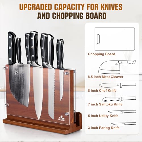 ENOKING Magnetic Knife Block with Acrylic Shield 12 x 9 Inches, Double Side Kitchen Knife Holder without Knives- Acacia Wood Universal Knife Storage Organizer with Powerful Magnet for Kitchen Counter - size: 12*9 inches