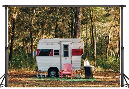Camp Party Camping Backdrop, 5x3ft Sunny Forest Camper Trailer Nature Scenery Photography Background, Studio Photo Prop RBJYYLU23 - size: polyester microfiber fabric-5x3ft