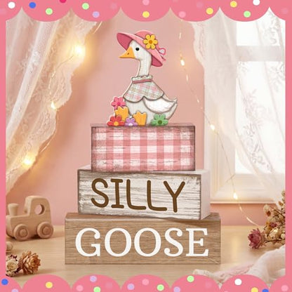 Yuntau 4 Pcs One Silly Goose Birthday Party Decoration Wood Silly Goose Table Sign Pink Baby Shower Tiered Tray Decor Tabletop Centerpieces for First Birthday Baby Shower Home Shelf Office - style: Goose