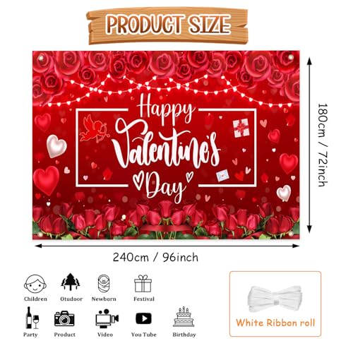 AIBIIN Happy Valentines Day Backdrop Red Flower Happy Valentine's Day Decorations Banner Red Heart Valentines Day Party Decorations Backdrop Photo Booth Props 8x6ft - color: Red, size: 94.5 x 70.8inch