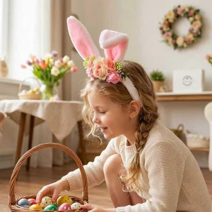 Bubbmi Easter Bunny Ear Headband with Flowers Crown Hairbands Festival Costume Hair Accessories for Women - color: Pinkear1