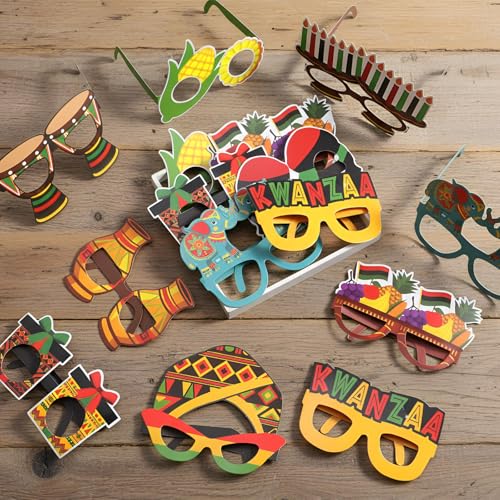 Pajean 36 Pcs Kwanzaa Party Favor Packs Decoration Kwanzaa Photo Props Paper Glasses Bulk African Theme Eyeglasses for Party Favors, Cultural Celebration Decorations, Red Black Green Event Accessories - style: Kwanzaa